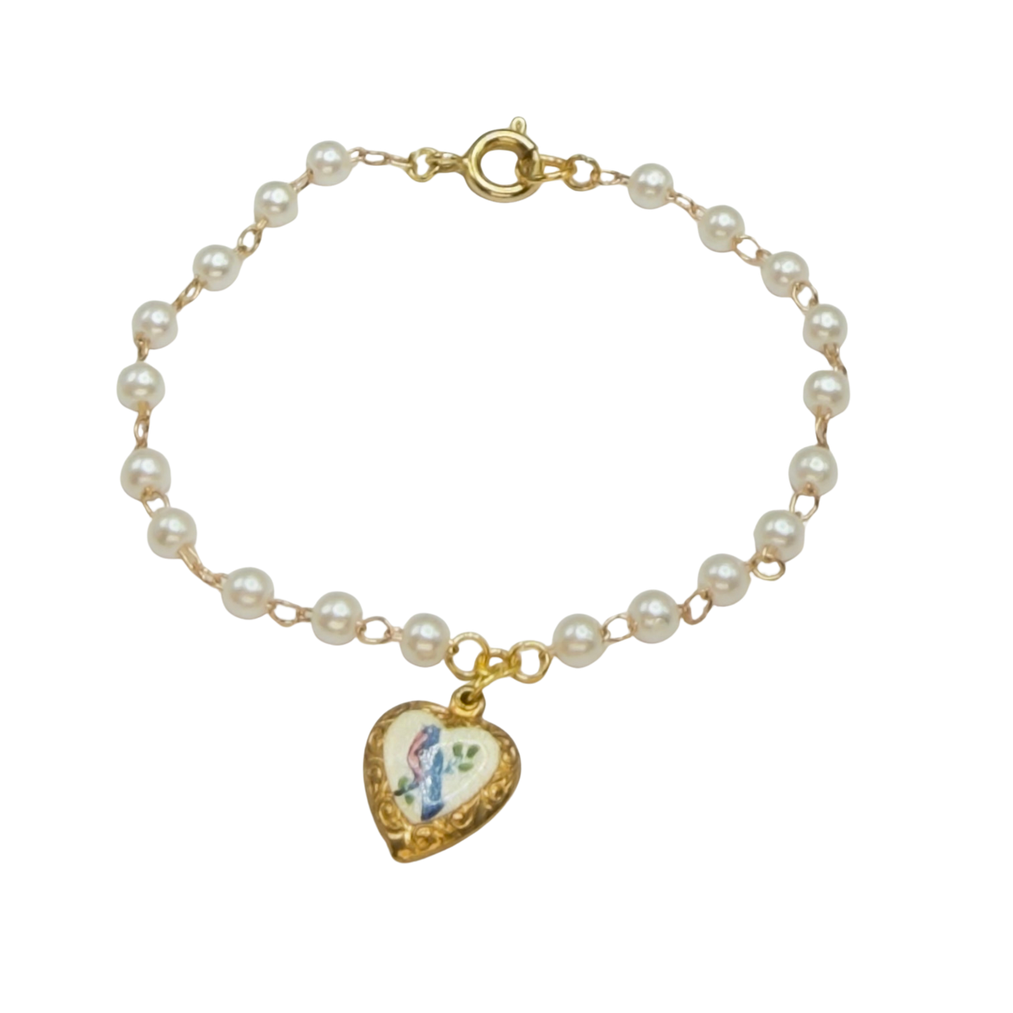 Blue Bird Design Gold Heart Charm Pearl Beaded Doll Necklace • 18 Inch Fashion Doll Jewelry