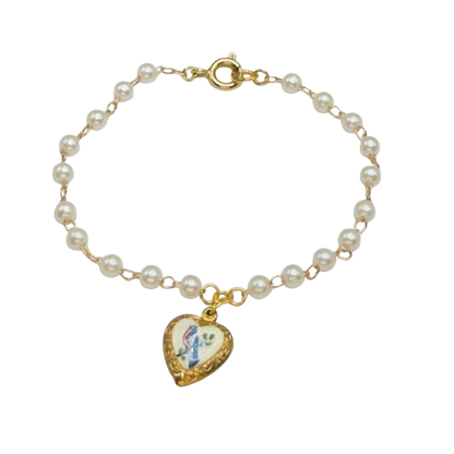 Blue Bird Design Gold Heart Charm Pearl Beaded Doll Necklace • 18 Inch Fashion Doll Jewelry