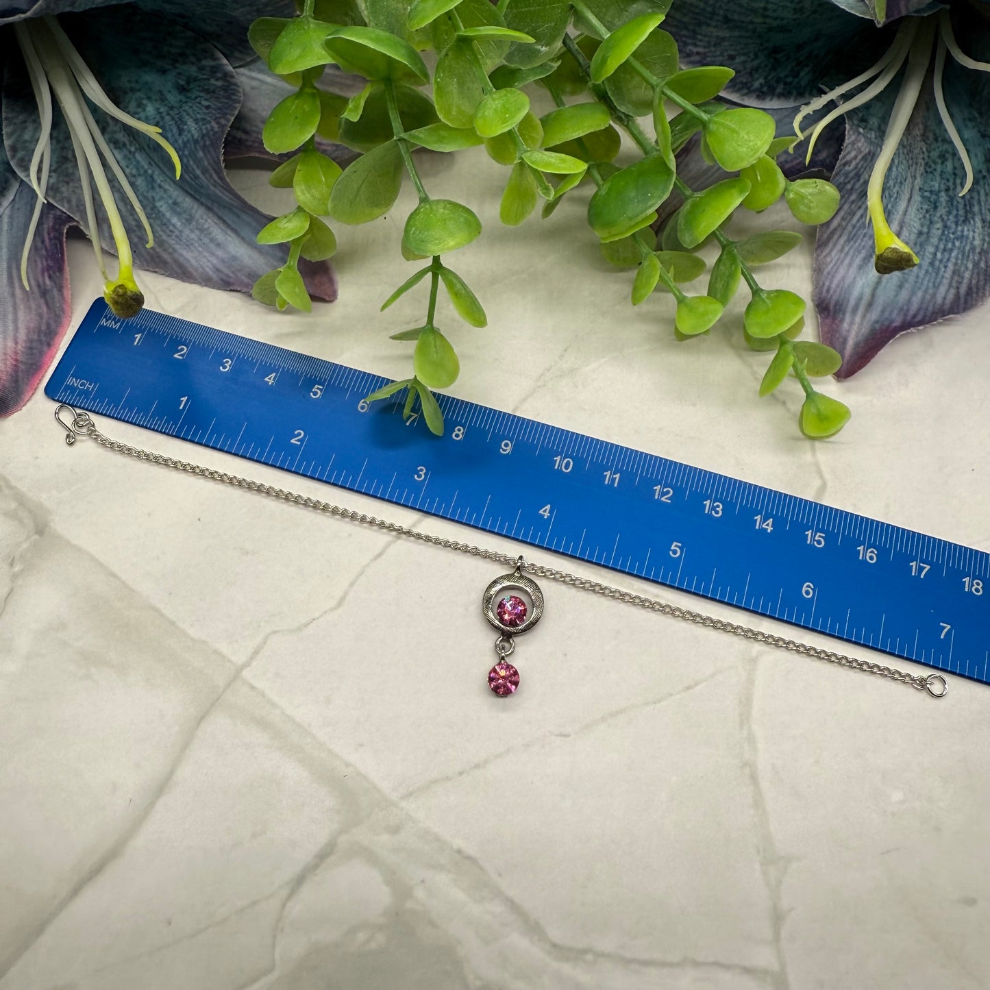 Pink Rhinestone Circle Dangle Pendant Doll Necklace • 18” Fashion Doll Jewelry