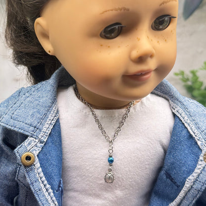 Silver Lady Bug Blue Pearl Charm Doll Necklace • 18 Inch Fashion Doll Jewelry