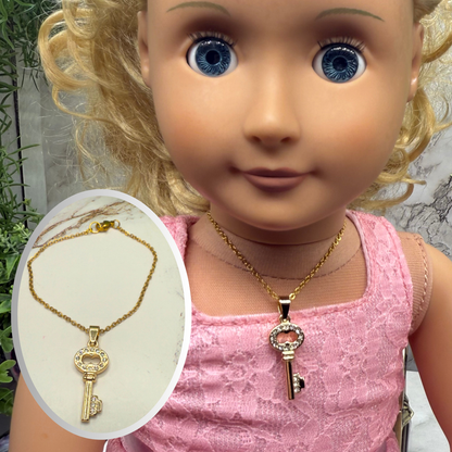 Gold Key Rhinestone Accent Pendant Doll Necklace • 18 Inch Fashion Doll Jewelry