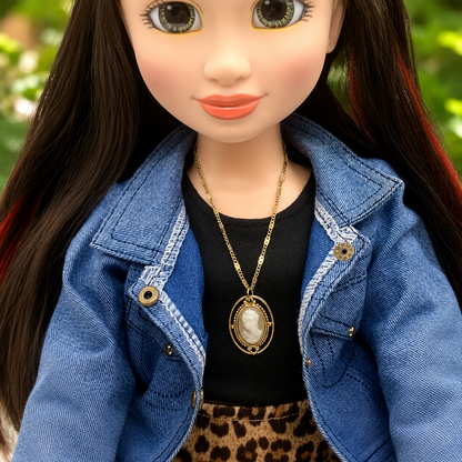 Tan Brown Cameo Gold Tone Doll Necklace • 18 Inch Doll Jewelry
