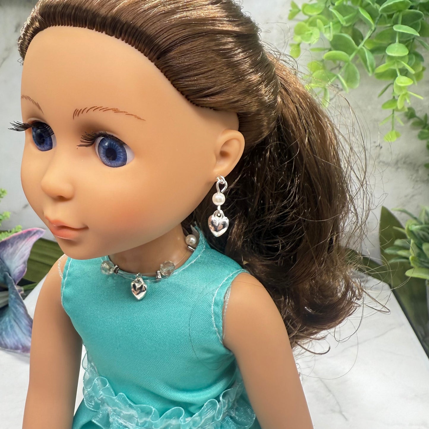 Silver Heart Charm Nylon String Pearl & Acrylic Crystal Necklace & Earrings • 14 Inch Fashion Doll Jewelry