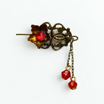 Red Rhinestone Crystal Dangles Bronze Brass Tone Metal Filigree Flower Design Doll Hair Stick • 14-18” Fashion Dolls • Doll Hair Accessories da