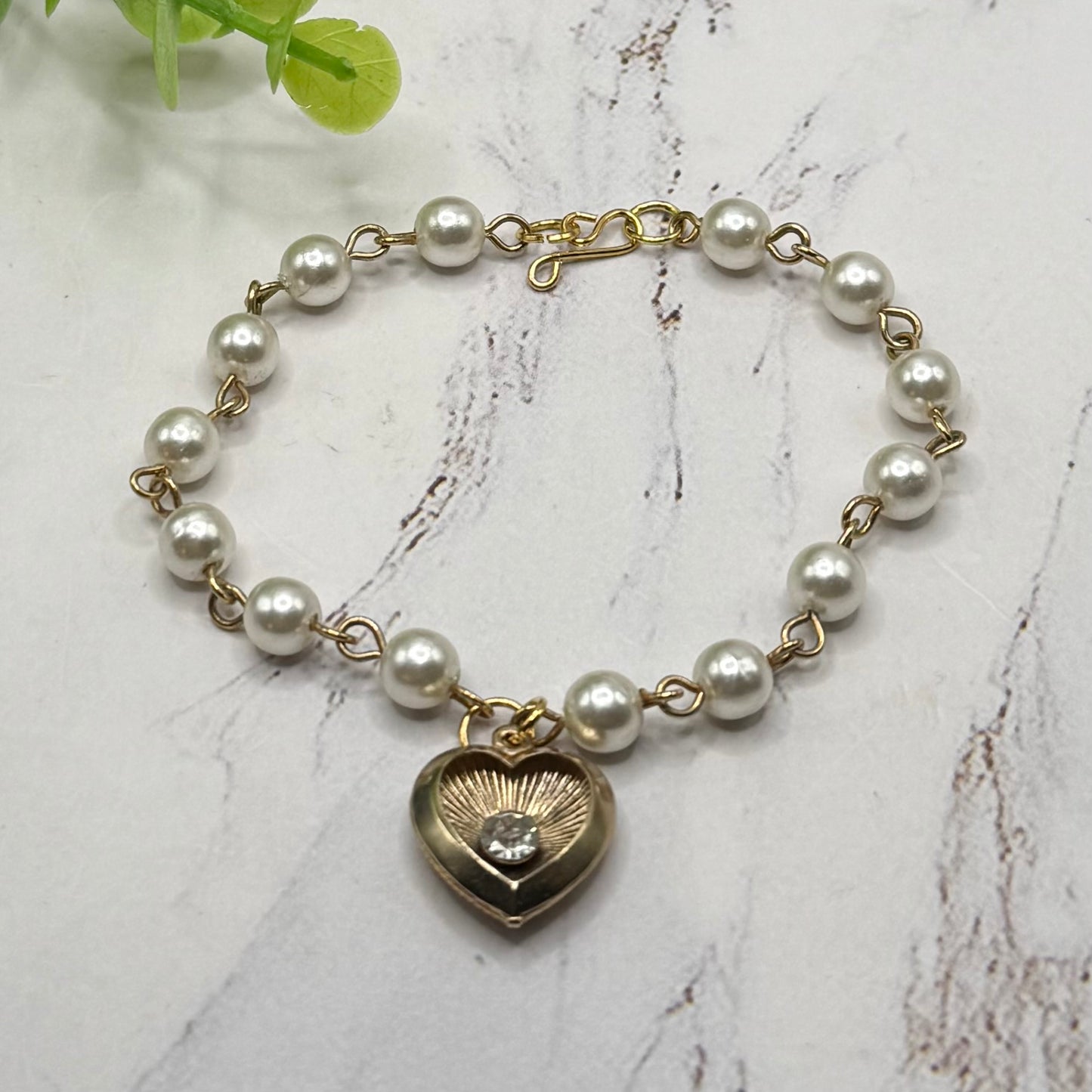Heart Charm w/ Rhinestone Center Pearl Beaded Gold Doll Necklace • 18 Inch Fashion Doll Jewelry