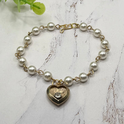 Heart Charm w/ Rhinestone Center Pearl Beaded Gold Doll Necklace • 18 Inch Fashion Doll Jewelry