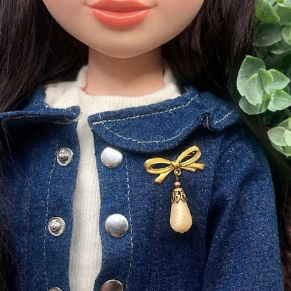 Tan Beige Glass Teardrop Pendant with Gold Tone Bow Pin • Doll Brooch