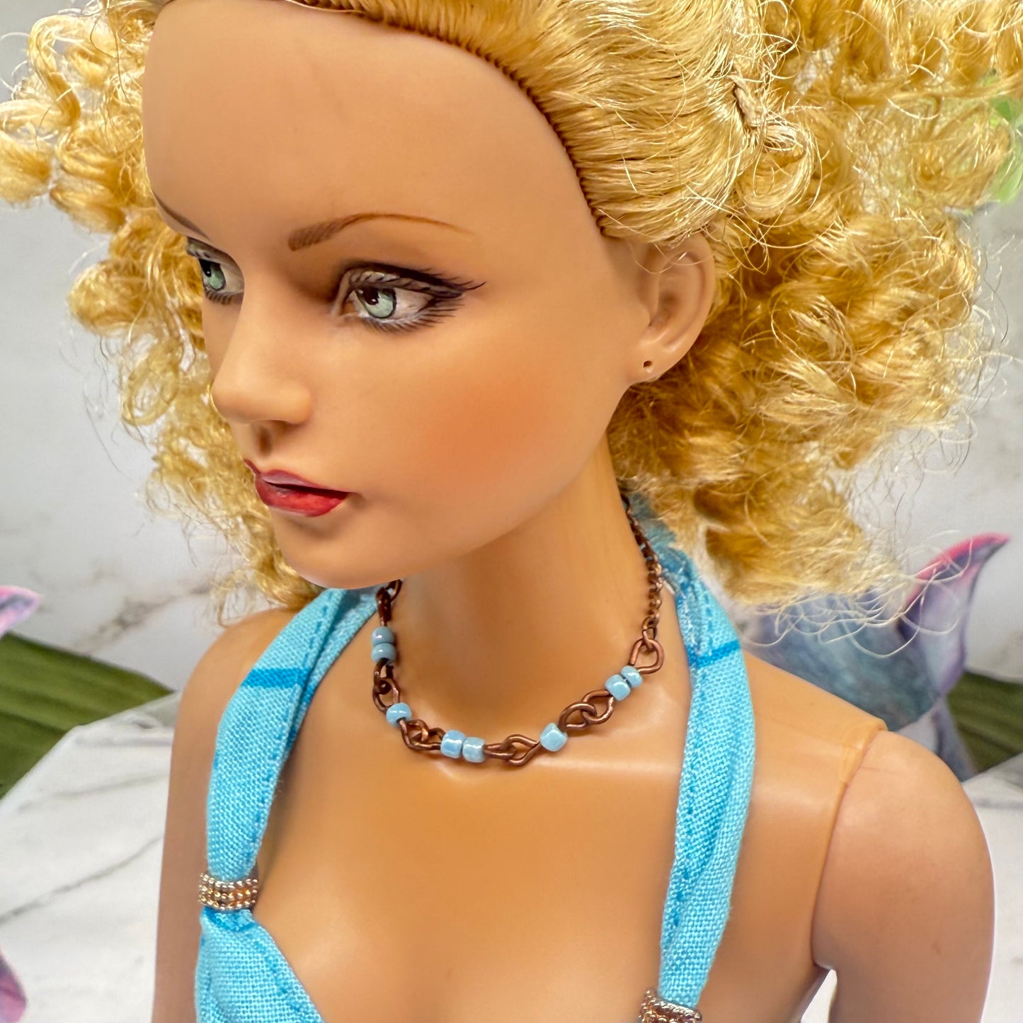 Light Blue Glass Beads Bronze Copper Tone Doll Necklace • 16 Inch Fashion Doll Jewelry