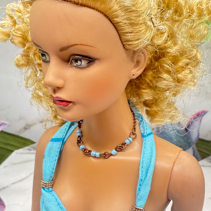 Light Blue Glass Beads Bronze Copper Tone Doll Necklace • 16 Inch Fashion Doll Jewelry