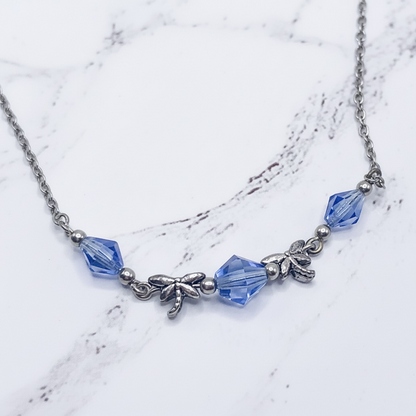 Silver Dragonfly Charms Blue Glass Crystal Doll Necklace • 18 inch Fashion Doll Jewelry