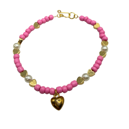Pink & Pearl Beaded Gold Heart Valentine’s Day Doll Necklace • 18 Inch Fashion Doll Jewelry