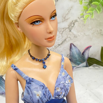 Blue Rhinestone Y-Drop Gunmetal Doll Necklace • 16 Inch Fashion Doll Jewelry