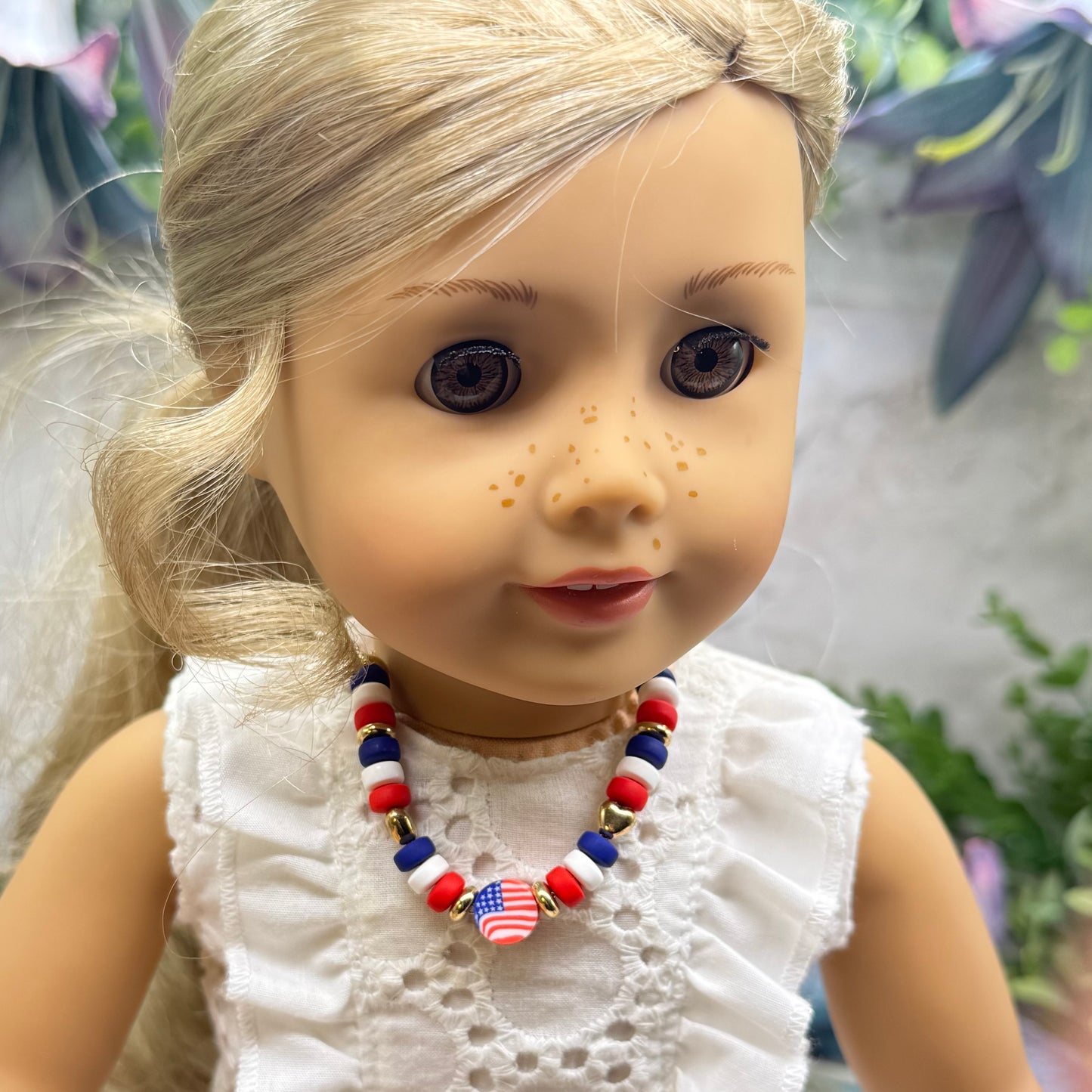 Red White Blue Beaded American Flag Charm Doll Necklace for 18 Inch Fashion Doll