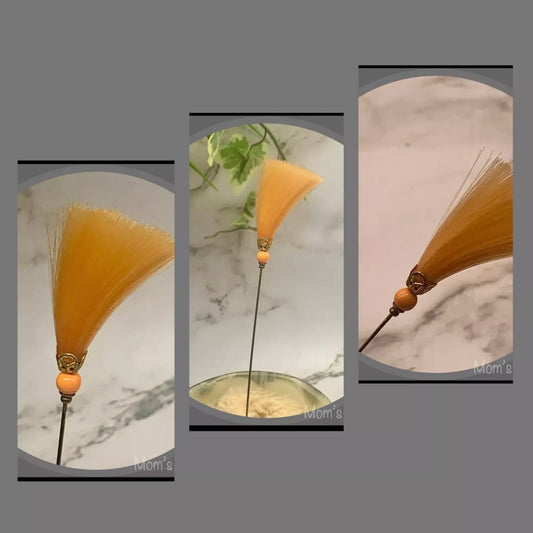 Peach Orange Fiber Tassel Broom Gold Tone Filigree • 7.25” Hatpin - Stick Pin