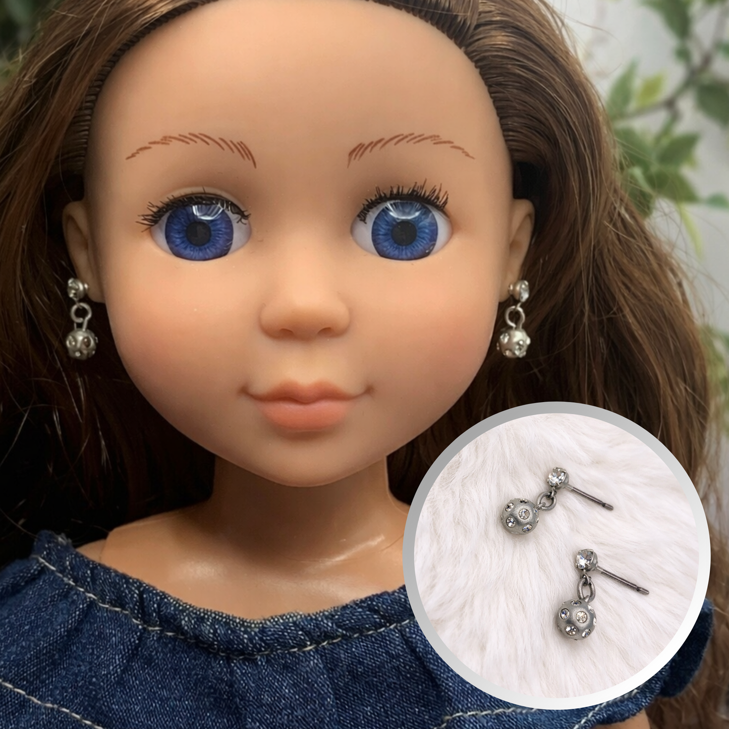 Silver Rhinestone Accented Ball Dangle Earrings • 14 Inch Doll Jewelry