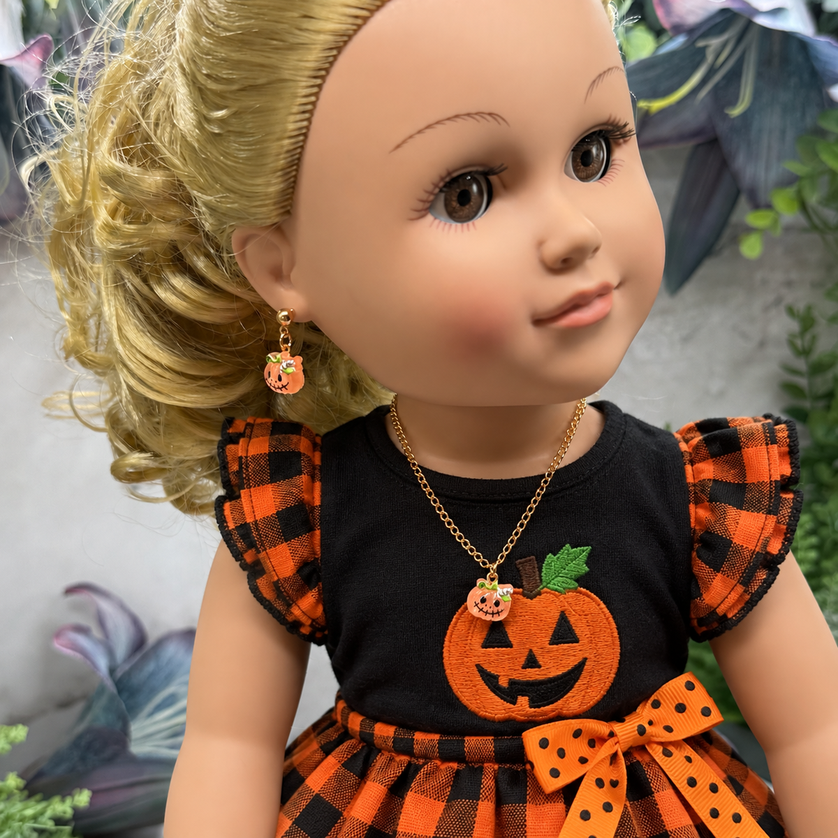 Halloween Pumpkin Necklace and Earrings Set | for 18 Inch Fashion Doll
