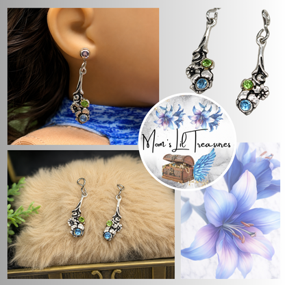 Blue Green Rhinestone Silver Flower Design Earring DANGLE ONLY• 18” Doll Jewelry