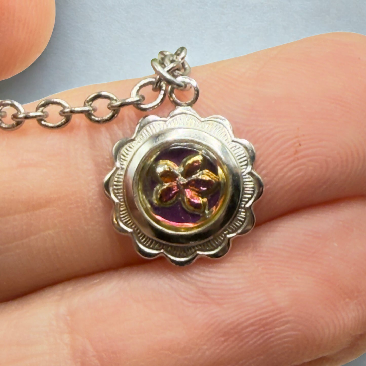 Iridescent Purple Blue Round Flower Design Charm Silver Doll Necklace • 18 Inch Fashion Doll Jewelry