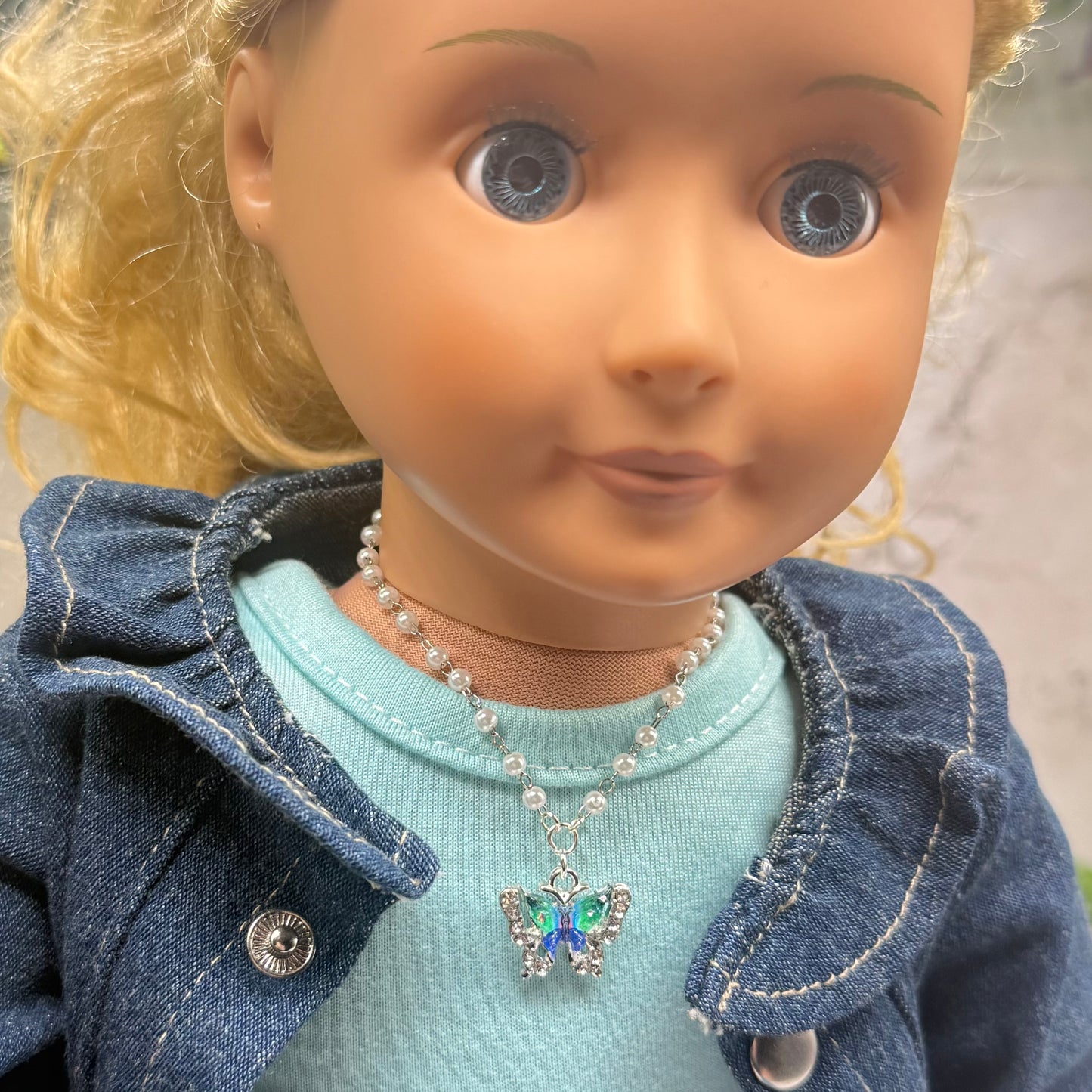 Turquoise Green Blue Butterfly Charm Pearl Beaded Doll Necklace • 18 Inch Fashion Doll Jewelry