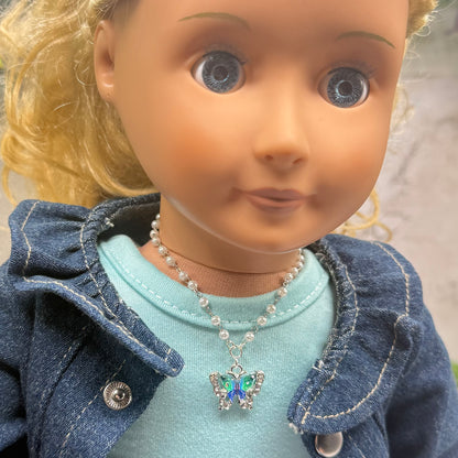Turquoise Green Blue Butterfly Charm Pearl Beaded Doll Necklace • 18 Inch Fashion Doll Jewelry