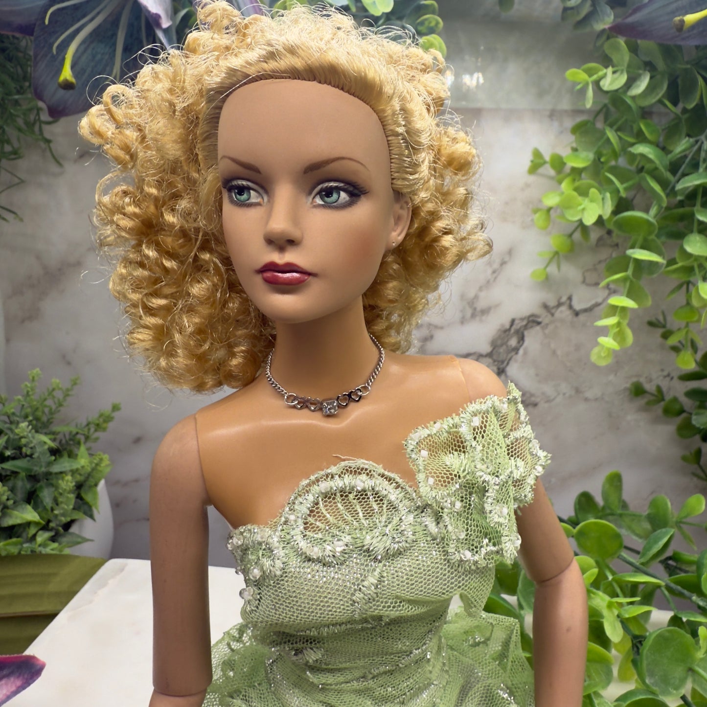 Silver Heart Clear Rhinestone Choker Chain Doll Necklace • 16” Doll Jewelry