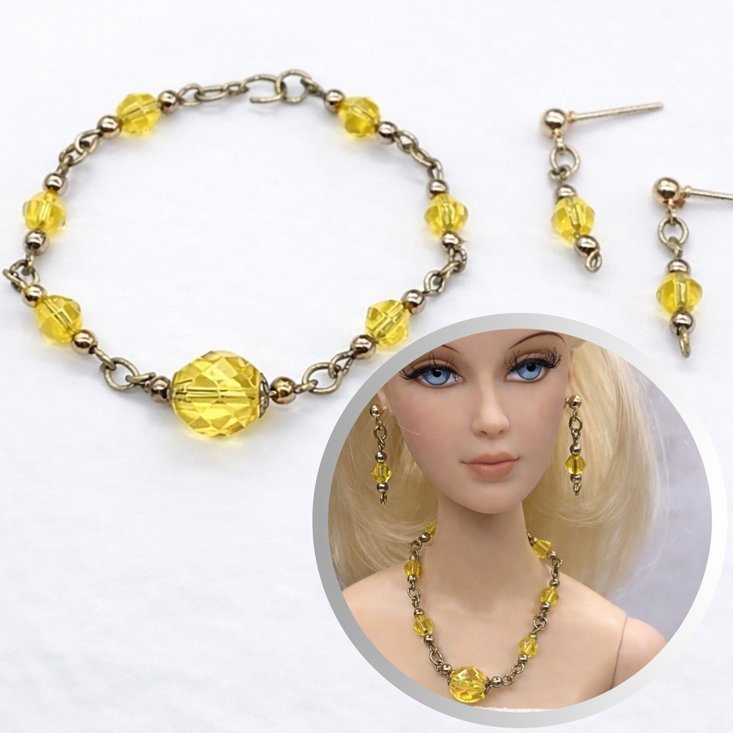 Light Yellow Glass Crystal Doll Necklace Earring Set • 16” Fashion Doll Jewelry
