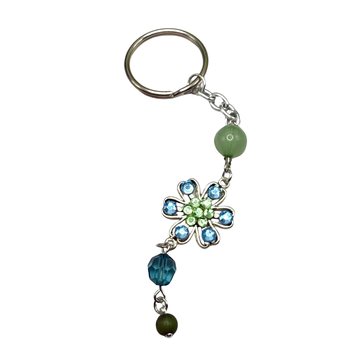 Silver Flower Light Blue Green Rhinestone Acrylic Beads • Key Chain / Car Charm