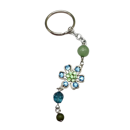 Silver Flower Light Blue Green Rhinestone Acrylic Beads • Key Chain / Car Charm