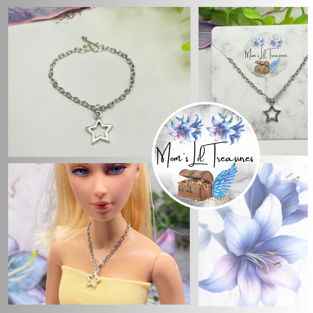 Open Work Silver Star Charm Doll Necklace for 16 Inch Fashion Doll