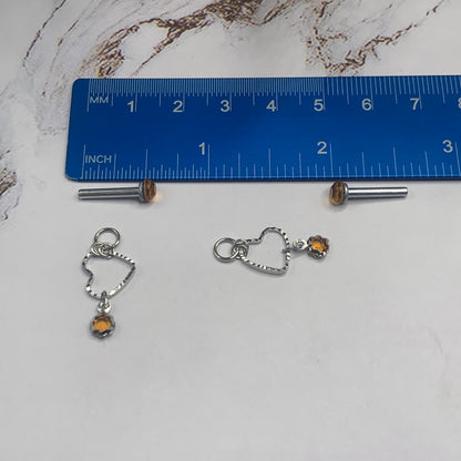 Golden Amber Rhinestone Post Silver Heart Doll Earring fits 18” American Girl