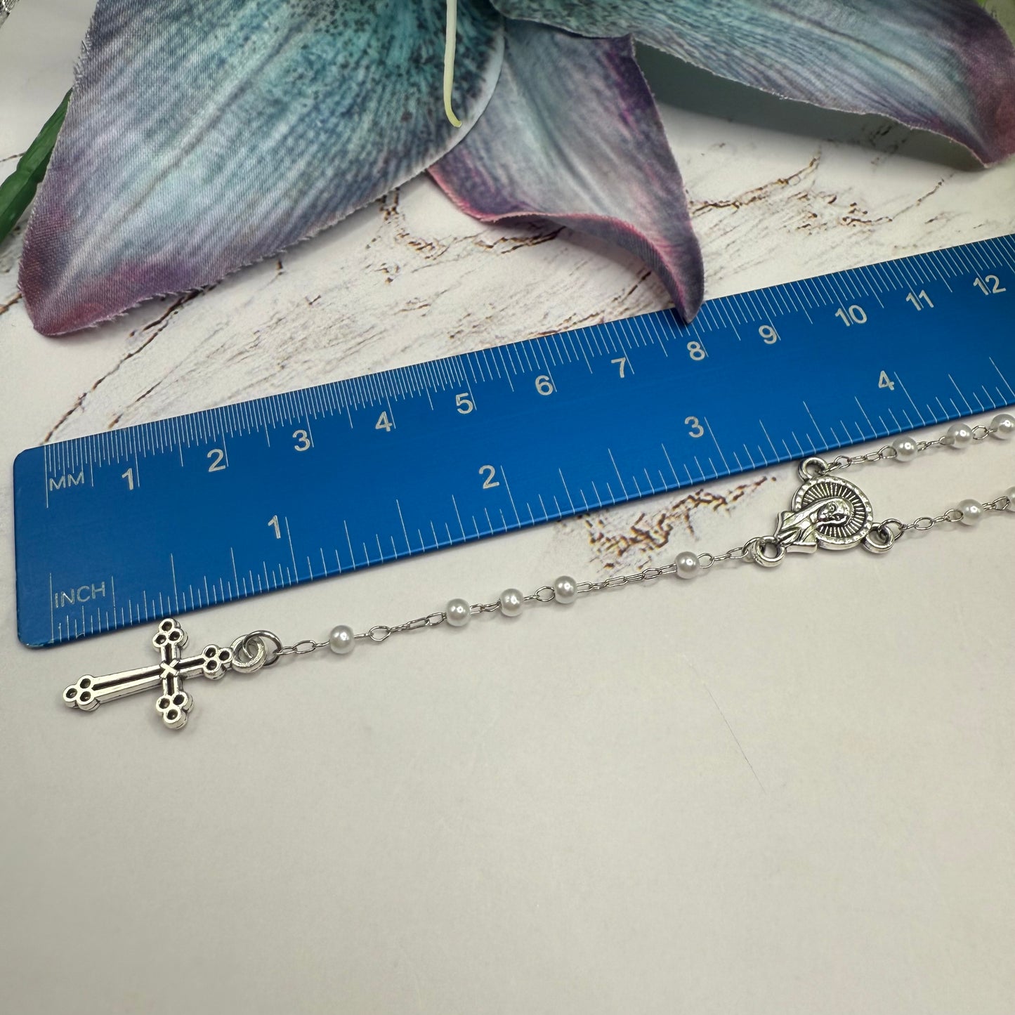 White Pearl Beaded Silver Chain & Cross • Doll Size Catholic Rosary for 18-22” Fashion or Vintage Dolls