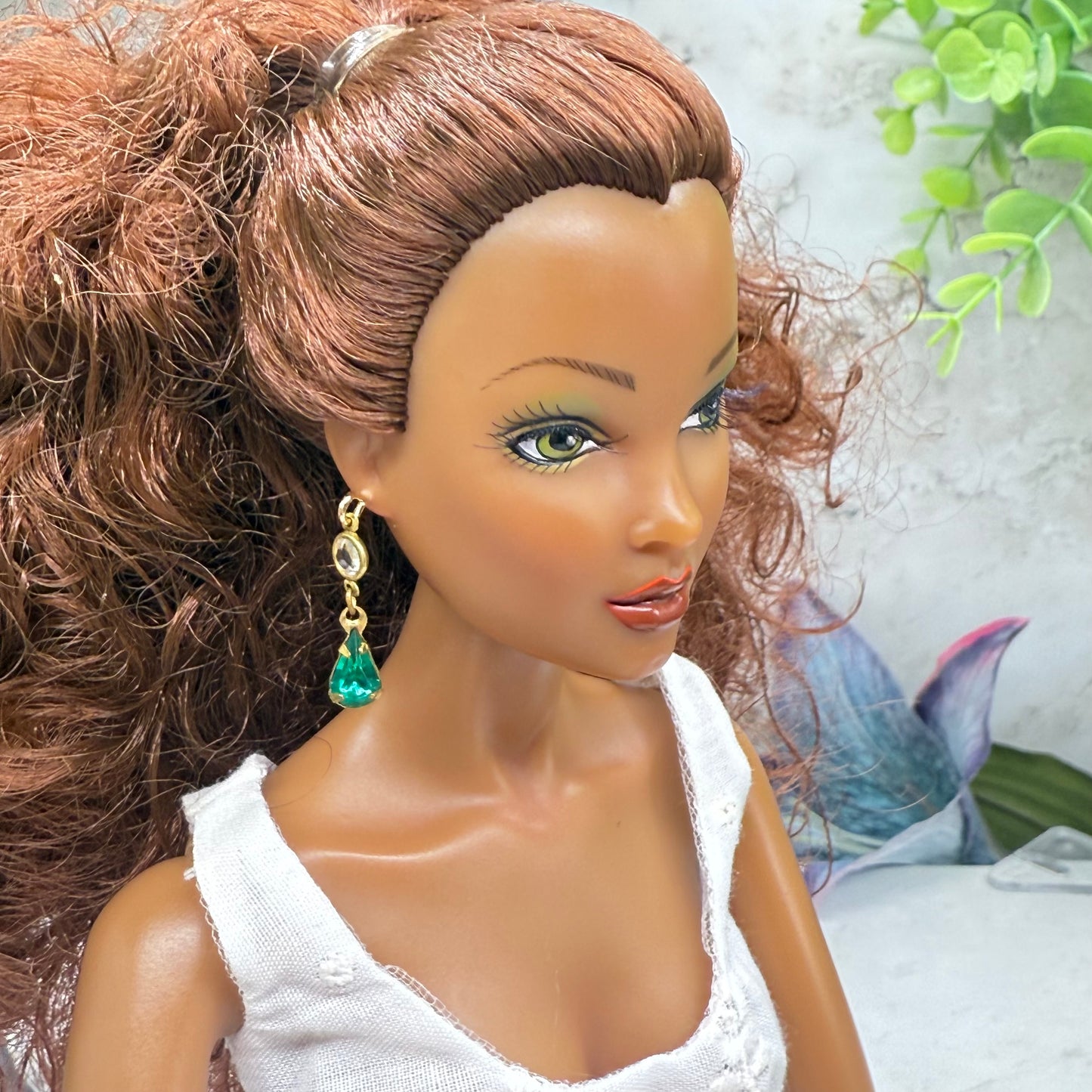 Green Teardrop Rhinestone Clear Crystal Dangle Doll Earrings • 16 Inch Fashion Doll Jewelry