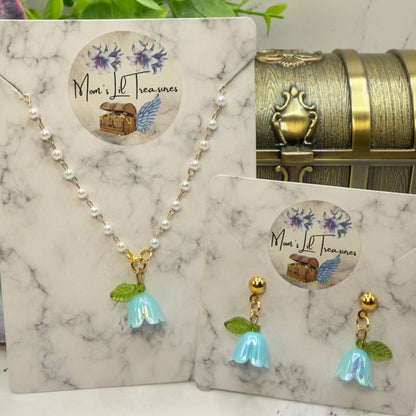 Turquoise Blue Bell Flower Lily of Valley Charm Pearl Beaded Doll Necklace & Earrings • 18 Inch Fashion Doll Jewelry