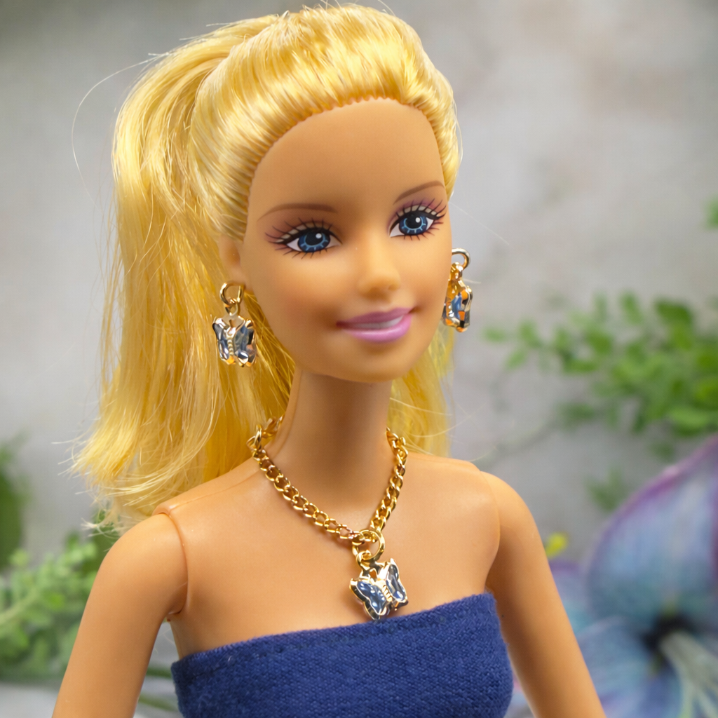 Blue Crystal Butterfly Charm Gold Chain Doll Necklace & Earrings • 10-12 Inch Fashion Doll Jewelry 1:6
