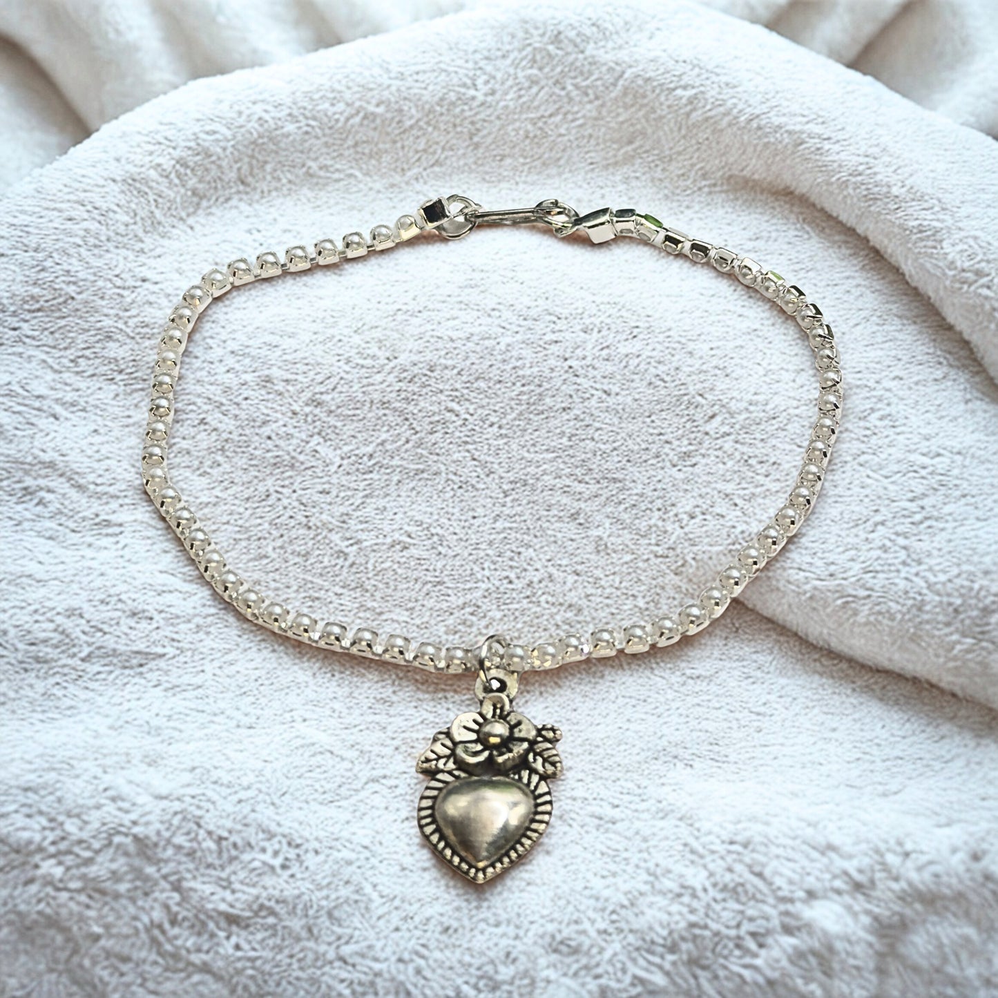 Silver Sacred Heart Charm Pearl Cup Link Chain Doll Necklace • 18 Inch Fashion Doll Jewelry