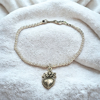 Silver Sacred Heart Charm Pearl Cup Link Chain Doll Necklace • 18 Inch Fashion Doll Jewelry