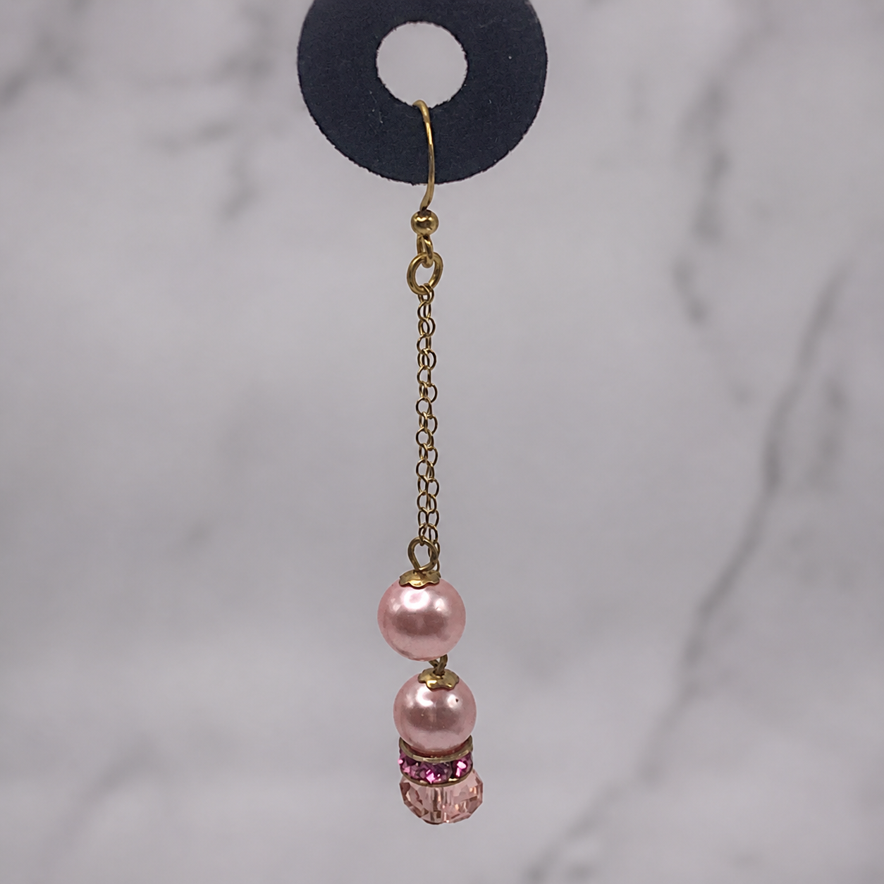 Pink Glass Crystal Pearl Rhinestone Gold Tone Chain • Handmade Dangle Earrings
