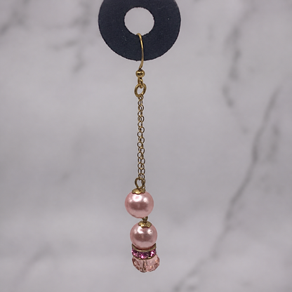 Pink Glass Crystal Pearl Rhinestone Gold Tone Chain • Handmade Dangle Earrings