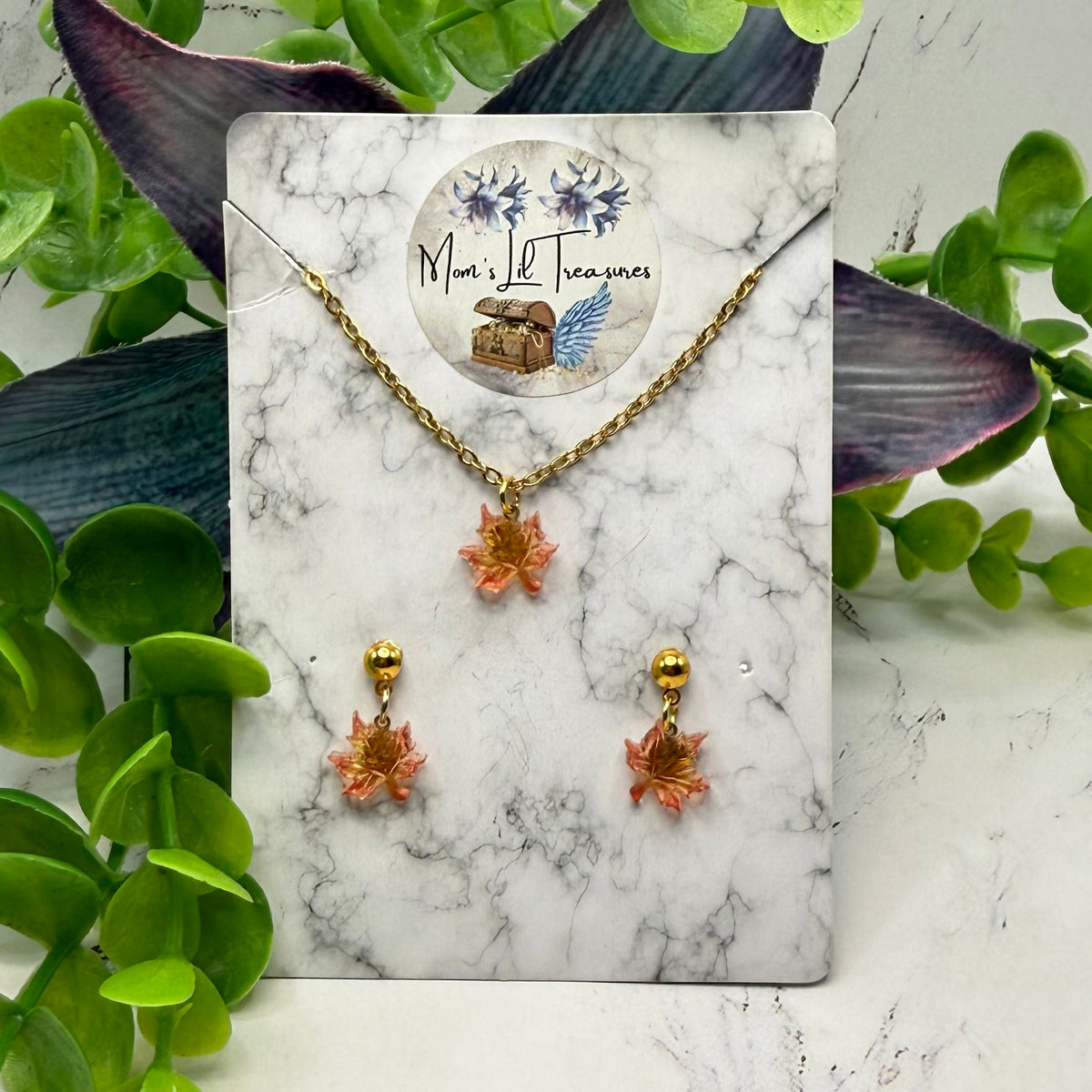 Autumn Maple Leaf Dangle 2mm Post Doll Earrings & Necklace • fits 18 Inch Doll • American Girl