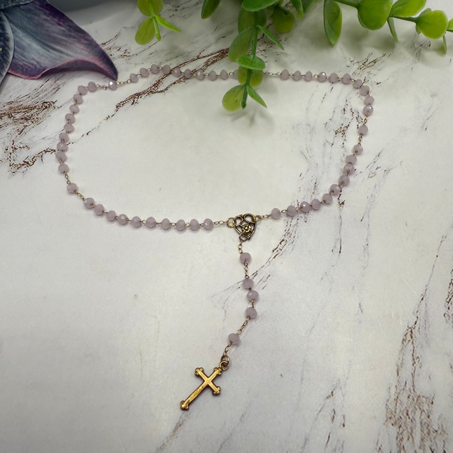 Light Pink Glass Crystal Gold Cross • Doll Size Catholic Rosary for 18-22” Fashion or Vintage Dolls