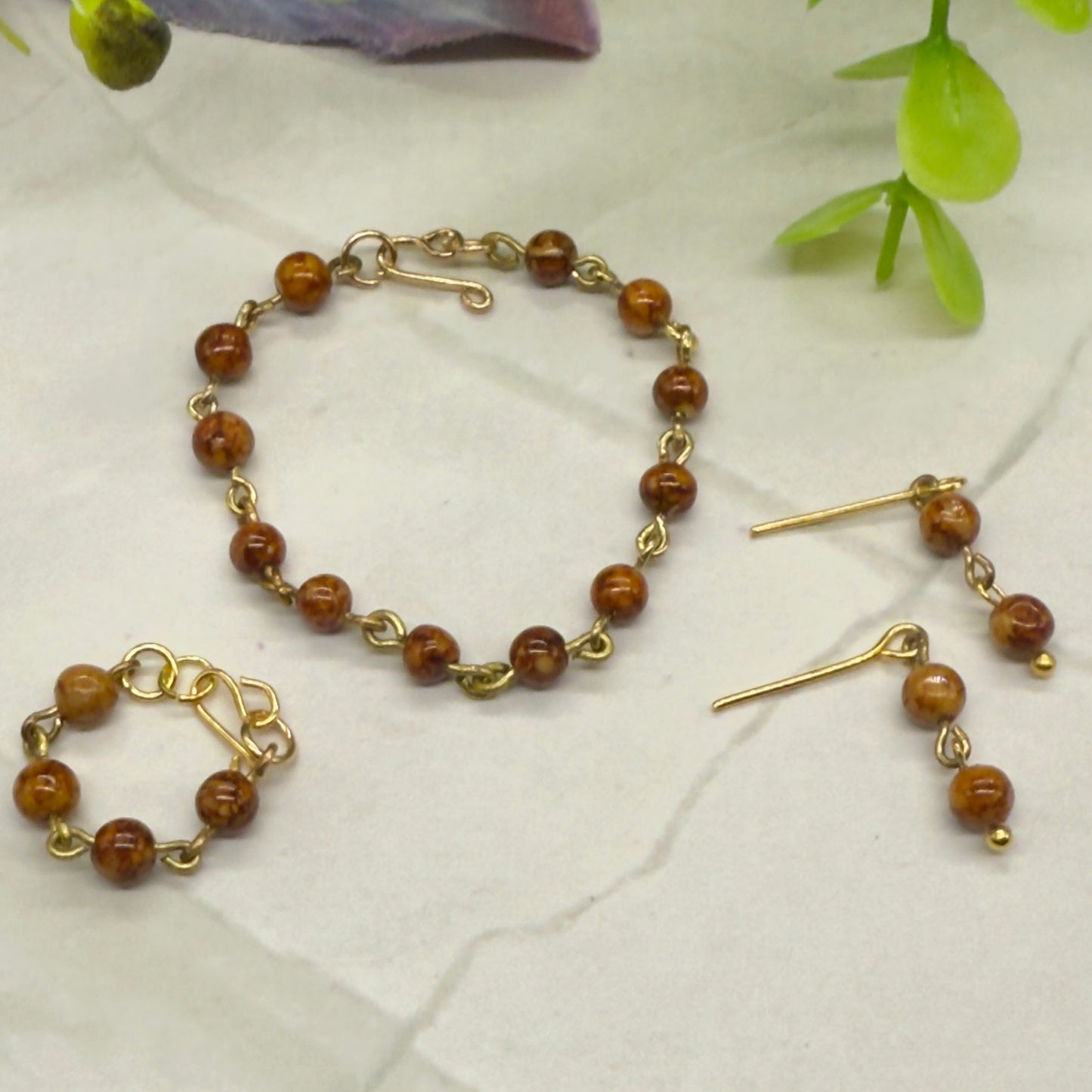 Brown Glass Beaded Necklace Earring Bracelet Set • 16 Inch Fashion Doll Jewelry