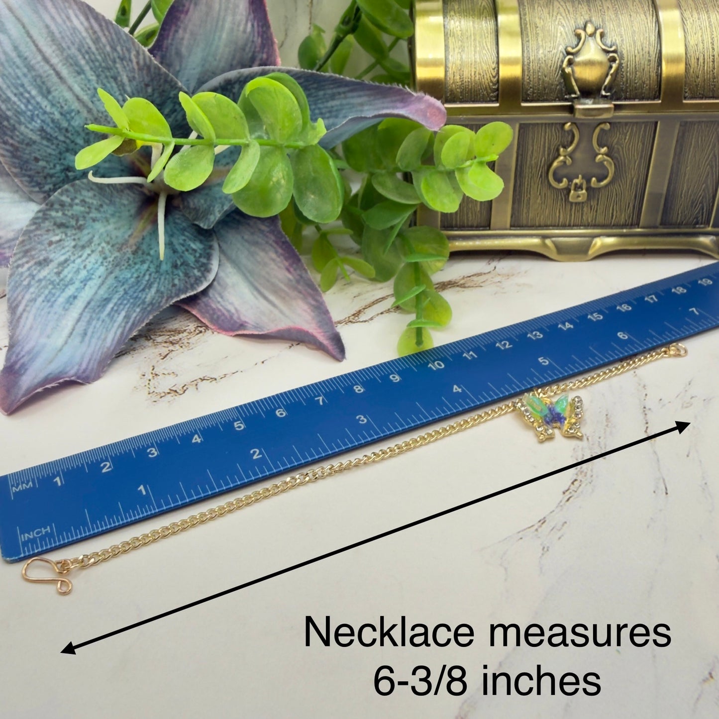 Blue Green Acrylic Butterfly Charm Rhinestone Accents Gold Chain Doll Necklace • 18 Inch Fashion Doll Jewelry