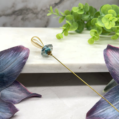 Teardrop Pearl Translucent Blue Green Gold Accent •  8” Pin Hatpin - Stick Pin