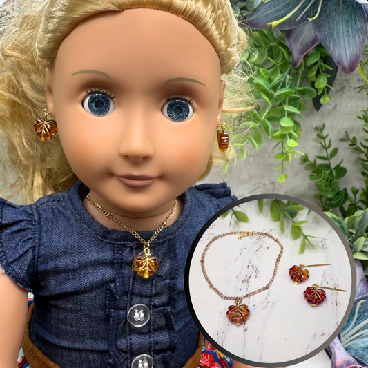 Autumn Fall Leaf Charms Doll Necklace and Dangle Earrings Set  • 18 Inch Fashion Doll Jewelry