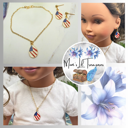 Red White Blue Teardrop Flag Patriotic Gold Doll Necklace & Earrings Set for 18 Inch Fashion Doll