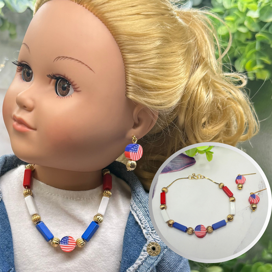 Red White Blue Beaded American Flag Charm Doll Necklace & Earrings Set for 18 Inch Fashion Doll