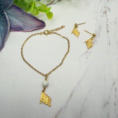White Bead Gold Flag Dangle Doll Necklace & Earrings Set for 18 Inch Fashion Doll