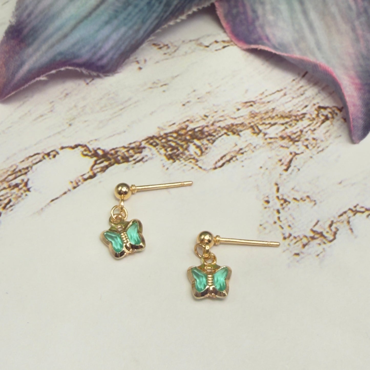 Teal Dangle Butterfly Charm Gold Post Doll Earrings • 18 Inch Fashion Doll Jewelry