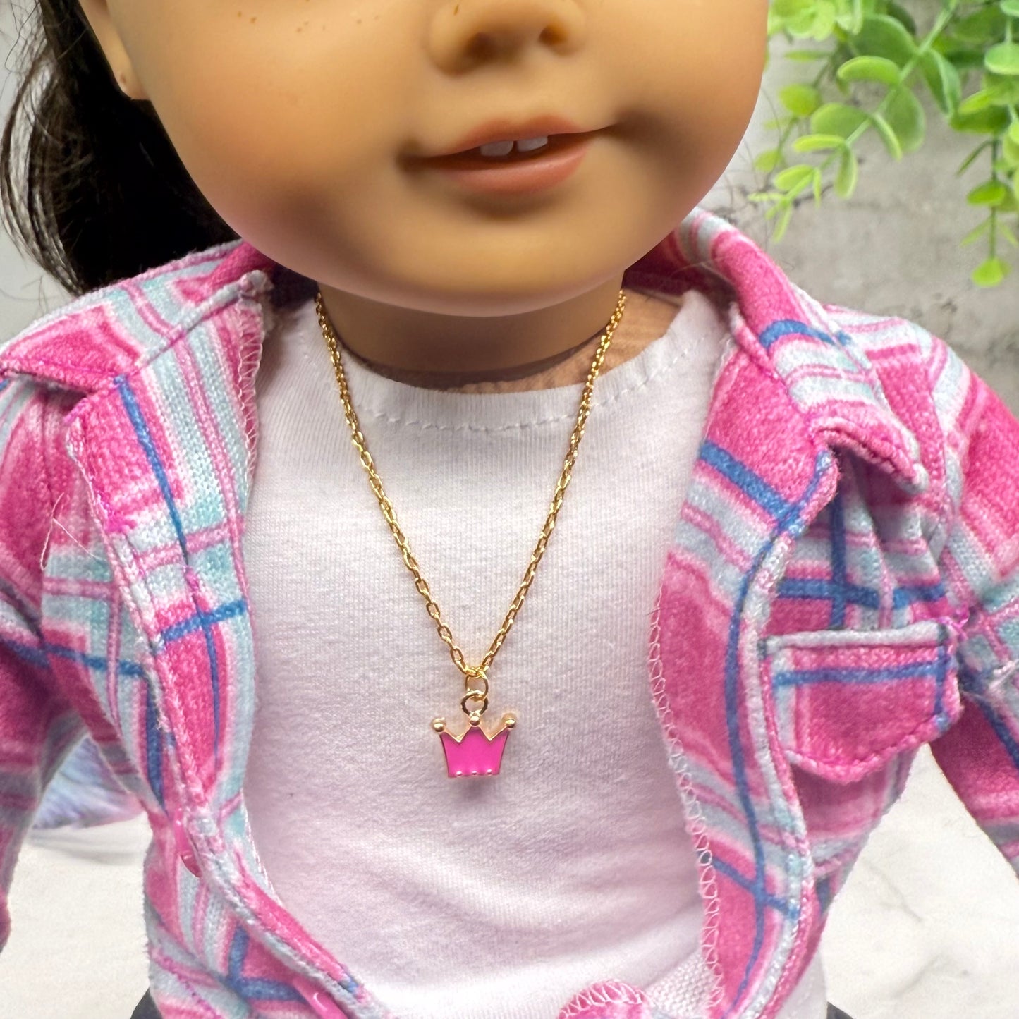 Pink Crown Charm Gold Chain Doll Necklace • 18 Inch Fashion Doll Jewelry