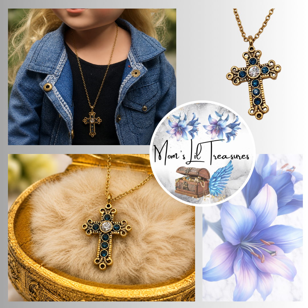 Blue Rhinestone Gold Cross Pendant Doll Necklace • 18 Inch Fashion Doll Jewelry